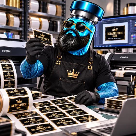 Pep Guru guru holding a black and gold label in the print studio